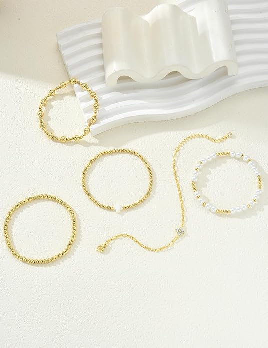 Valentines Day Gifts for Her Teen Wife Gold Beaded Bracelets for Women, 5 Pcs Dainty 14K Gold Plated Chunky Stretch Bead Ball Bracelet Stack