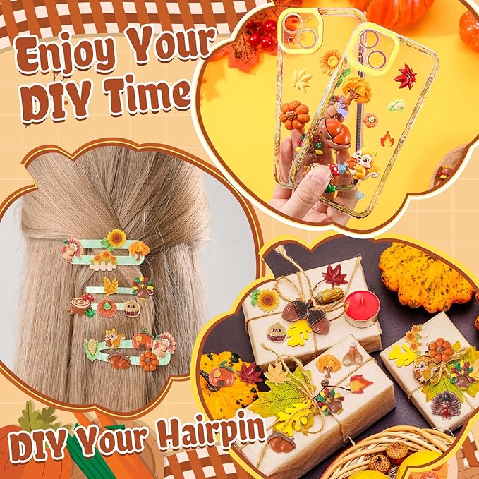 Giegxin 40 Pcs Thanksgiving Resin Charm Fall Autumn Pumpkin Turkey Squirrel Maple Leaf Acorn Wheat Flatback Cabochon Accessories Cute Embellishment Bulk for Jewelry Cellphone Case Scrapbooking DIY