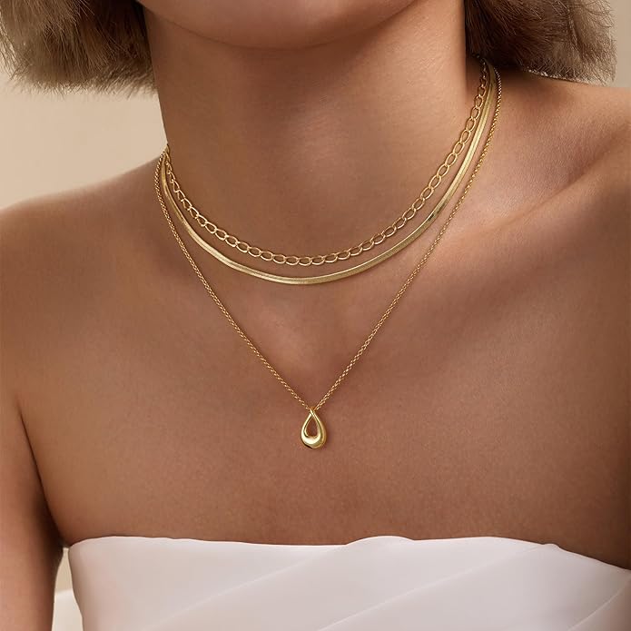 NECOCY Valentine's Day Gift 14k Gold/Silver Plated Layered Gold Necklaces for Women, 3Pcs Dainty Herringbone Choker Set, Trendy Stack Simple Chain Layering Pendant Jewelry