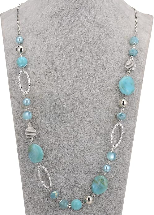 BULINLIN Beaded Long Necklace for Women Silver Sweater Chain Necklace with Crystal Resin Beads, Fashion Jewelry Necklace