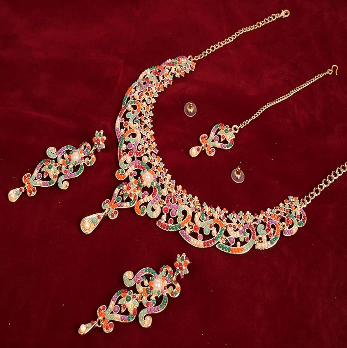 Touchstone Indian jewelry set for women bollywood gold jewellery wedding outfits necklace sets earrings bridal maang tikka fancy costume girls big desi accessories rhinestone in gold or silver tone