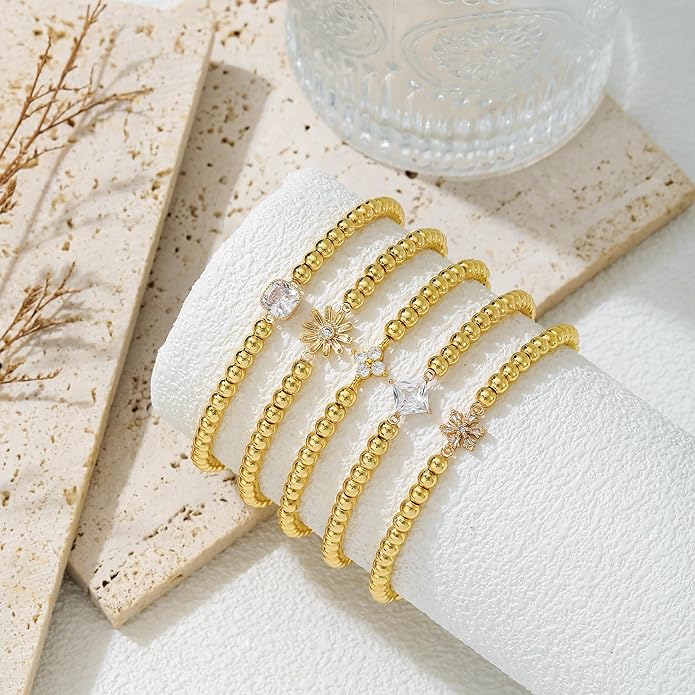 HZDK Gold Bracelets for Women - 14K Gold Plated Beaded Bracelets for Women Gold Jewelry Stackable Charm Bracelet Dainty Stretch Bead Bracelet Christmas Gifts for Her