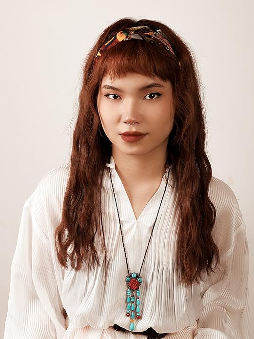 MINACHI Vintage Bohemian Colorful Ceramic Bead Antique Flower Y Necklace, Vintage Boho Hippie Statement Jewelry Gift for Women