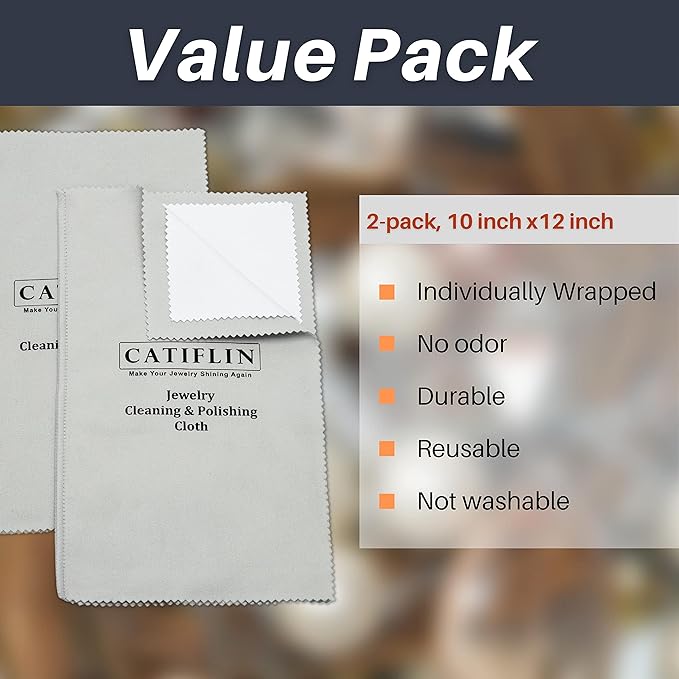 CATIFLIN 2pcs Multi-Layer Jewelry Cleaning Cloth, Large Silver Polishing Cloth, 100% Cotton Jewelry Polishing Cloths for Gold, Silver and Platinum Jewelry (Light Gray, 10 "X12)