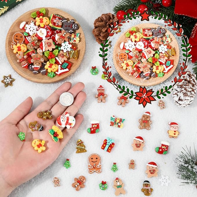 Giegxin 40 Pcs Christmas Resin Charm Kawaii Gingerbread Snowman Santa Xmas Tree Flat Back Cabochon Accessories Cute Embellishments Bulk for Christmas Decoration Jewelry Cellphone Case Scrapbooking DIY