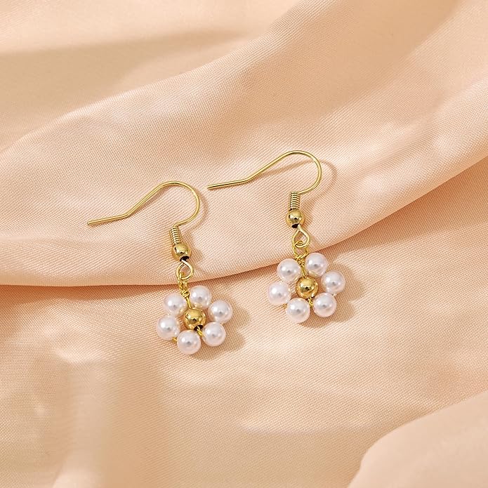 Gold Pearl Dangle Earrings for Women, 14K Gold Plated Small Pearl Drop Huggie Hoop Earrings, Hypoallergenic Dainty Gold Earrings Wedding Jewelry Gifts for Women Trendy