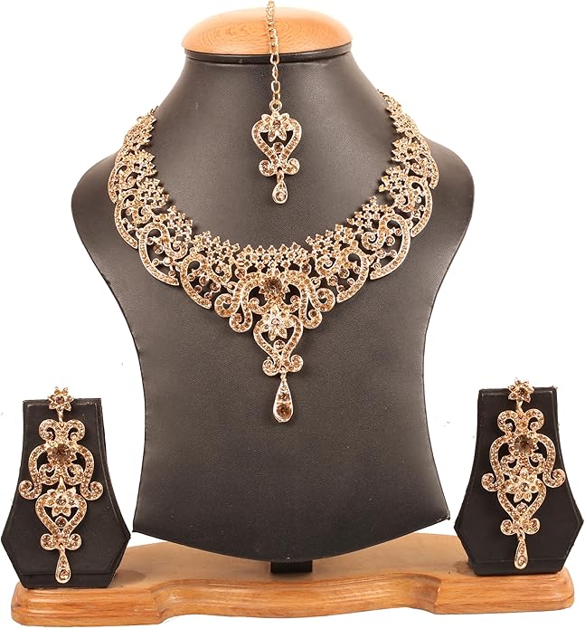 Touchstone Indian jewelry set for women bollywood gold jewellery wedding outfits necklace sets earrings bridal maang tikka fancy costume girls big desi accessories rhinestone in gold or silver tone