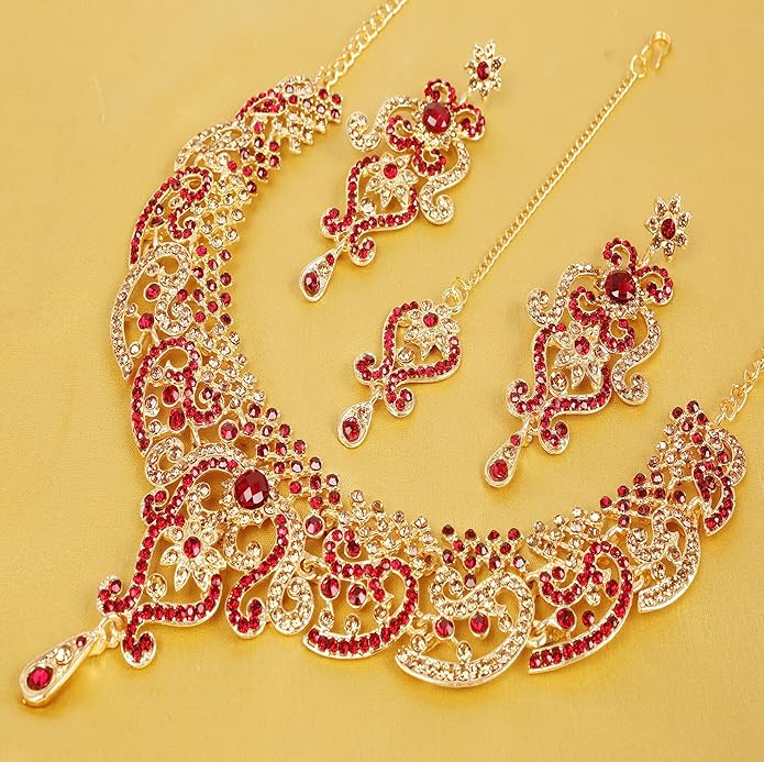 Touchstone Indian jewelry set for women bollywood gold jewellery wedding outfits necklace sets earrings bridal maang tikka fancy costume girls big desi accessories rhinestone in gold or silver tone