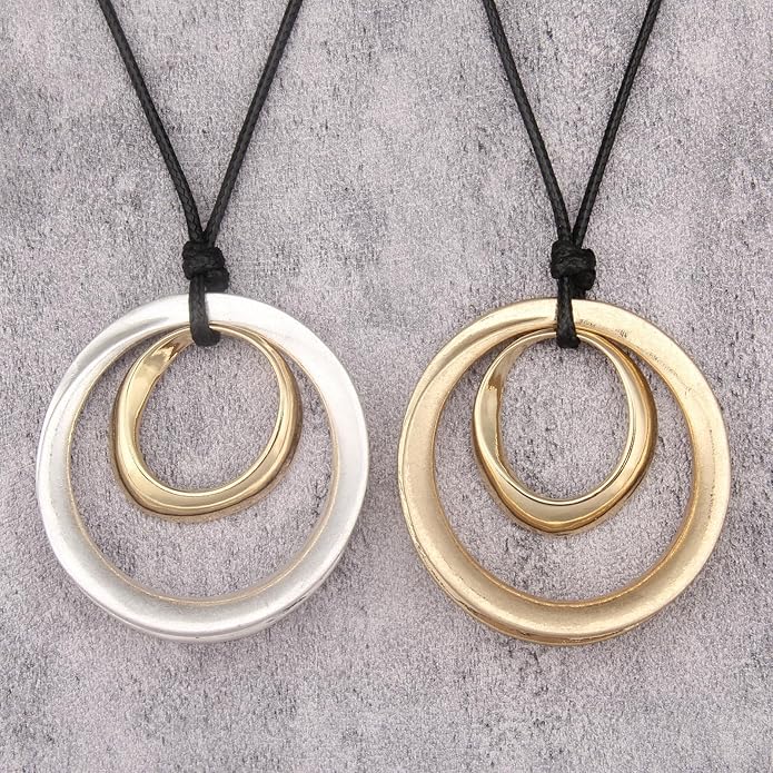 Boho Leather Necklace Women Bohemian Brown Circle Pendant Necklace Choker Long Necklaces for Women Boho Ring Large Pendant
