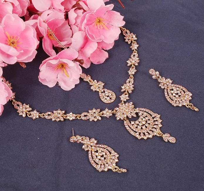 Touchstone Indian jewelry sets for women maang tikka wedding guest gold necklace bollywood jewellery set pageant elegant prom bride accessories western crystal chunky rhinestone necklaces