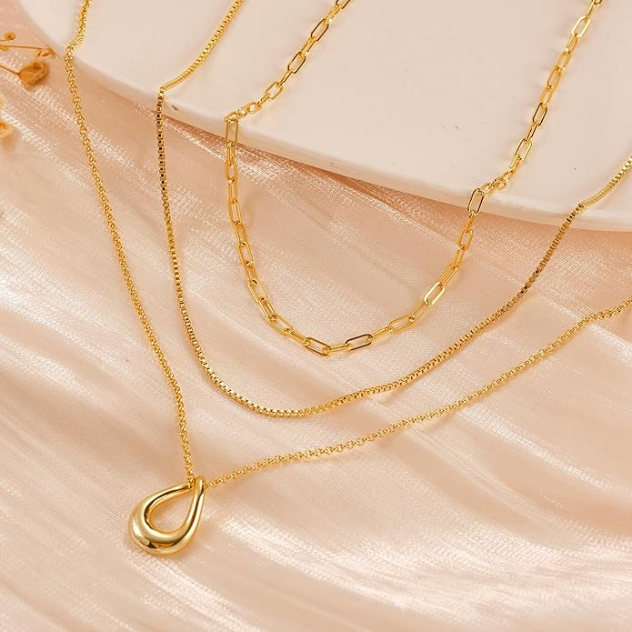 NECOCY Valentine's Day Gift 14k Gold/Silver Plated Layered Gold Necklaces for Women, 3Pcs Dainty Herringbone Choker Set, Trendy Stack Simple Chain Layering Pendant Jewelry