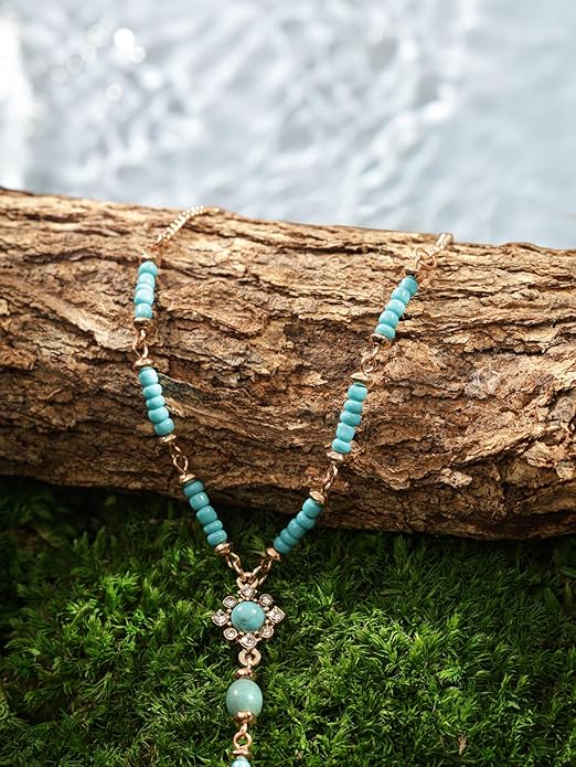 MINACHI Bohemian Created Turquoise Beaded Y-Necklace, Turquoise-toned Multi-shaped Pendant, Dainty Elegant Jewelry for Women