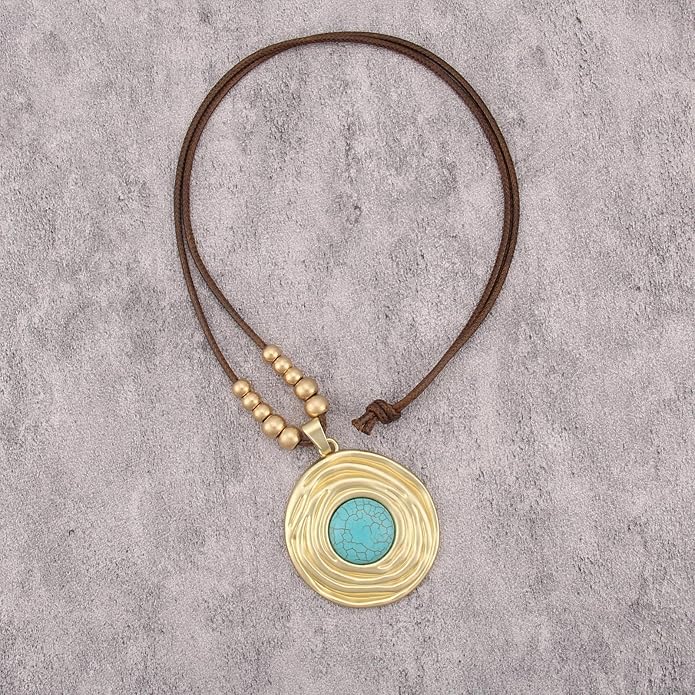 Boho Leather Necklace Women Bohemian Brown Circle Pendant Necklace Choker Long Necklaces for Women Boho Ring Large Pendant