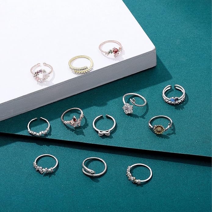 TAMHOO 9/12/15/16 Pcs Open Rings Set for Women with Sparkling Cubic Zirconia- Finger Rings Pack Stackable Rings for Teens,White Gold/Rose Gold/Gold Tone Rings for Girls