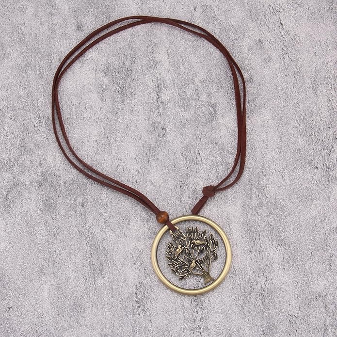 Boho Leather Necklace Women Bohemian Brown Circle Pendant Necklace Choker Long Necklaces for Women Boho Ring Large Pendant