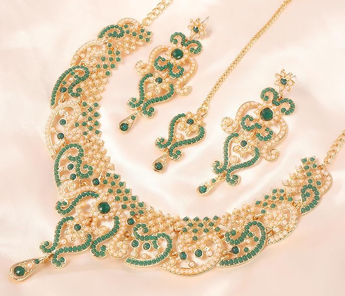 Touchstone Indian jewelry set for women bollywood gold jewellery wedding outfits necklace sets earrings bridal maang tikka fancy costume girls big desi accessories rhinestone in gold or silver tone