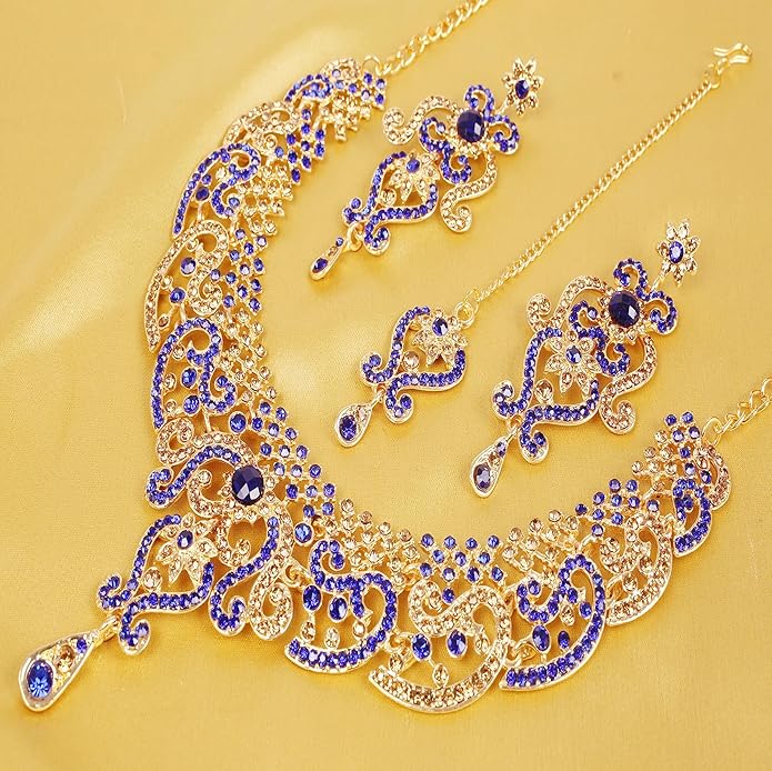 Touchstone Indian jewelry set for women bollywood gold jewellery wedding outfits necklace sets earrings bridal maang tikka fancy costume girls big desi accessories rhinestone in gold or silver tone
