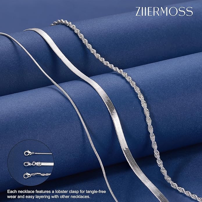 3PCS Gold Necklaces for Women,Chunky Statement Gold Plated Necklace Stack Layered Sterling Silver Herringbone Chains for Women Dainty Trendy Silver Chains Stacked Jewelry Gifts