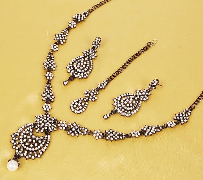 Touchstone Indian jewelry sets for women maang tikka wedding guest gold necklace bollywood jewellery set pageant elegant prom bride accessories western crystal chunky rhinestone necklaces