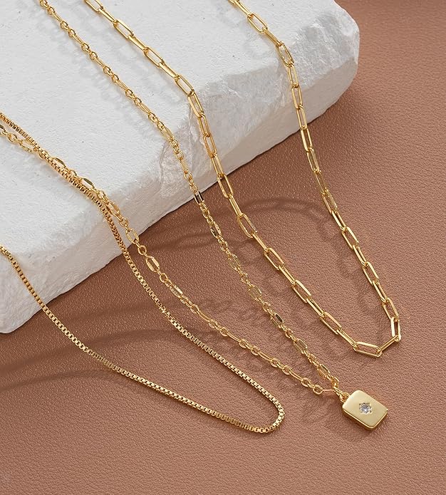 YEEZII Layered Gold Necklaces for Women Trendy, 3 Pcs 14K Gold Plated Choker Paperclip Box Chain Necklace, Stackable Women's Gold Pendant Necklaces Jewelry Set