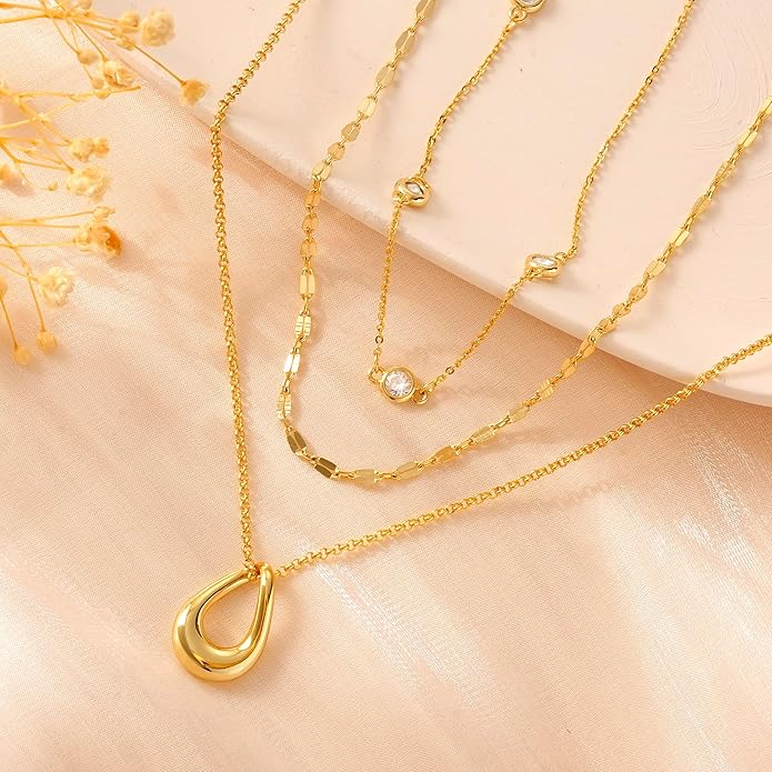 NECOCY Valentine's Day Gift 14k Gold/Silver Plated Layered Gold Necklaces for Women, 3Pcs Dainty Herringbone Choker Set, Trendy Stack Simple Chain Layering Pendant Jewelry