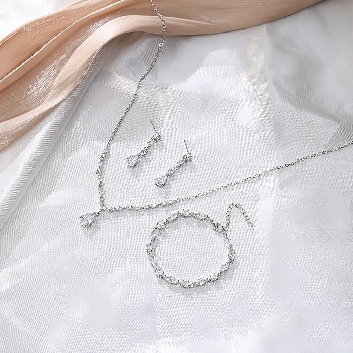 Crysdue Teardrop Bridal Jewelry Set for Wedding Party, Silver/14K/Rose Gold Plated Prom Costume Jewellery for Bride Bridesmaids Women, Cubic Zirconia Necklace Dangle Earrings Bracelet