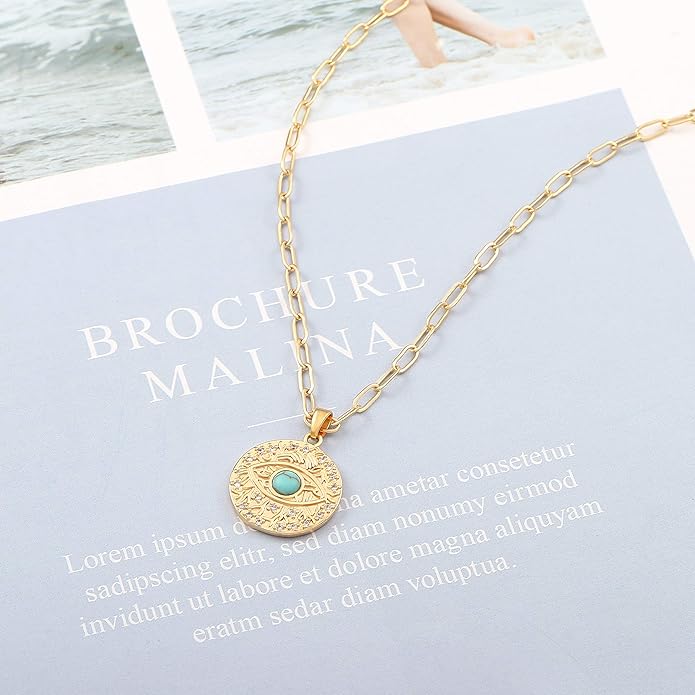 Aobei Pearl 18K Gold Plated Moon Star Lion Evil Eye Love Heart Cross Pendant Necklace Medallion Paperclip Chian Choker Layering Jewery for Women