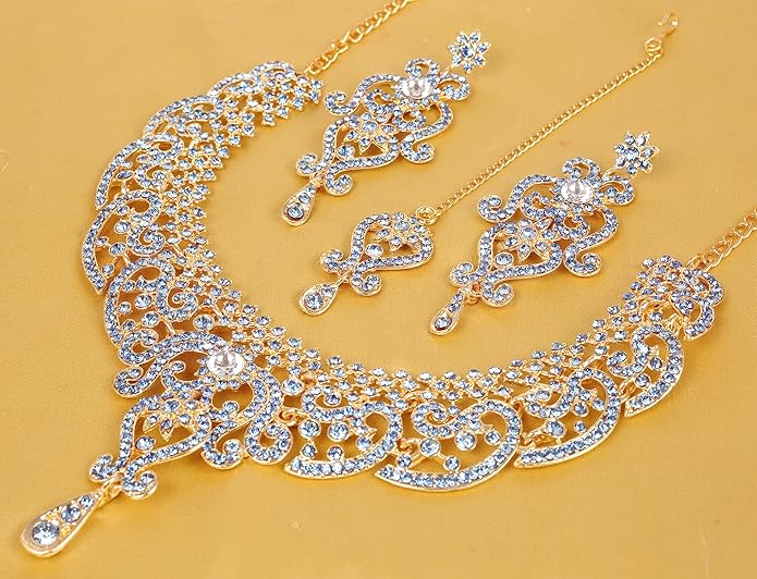 Touchstone Indian jewelry set for women bollywood gold jewellery wedding outfits necklace sets earrings bridal maang tikka fancy costume girls big desi accessories rhinestone in gold or silver tone