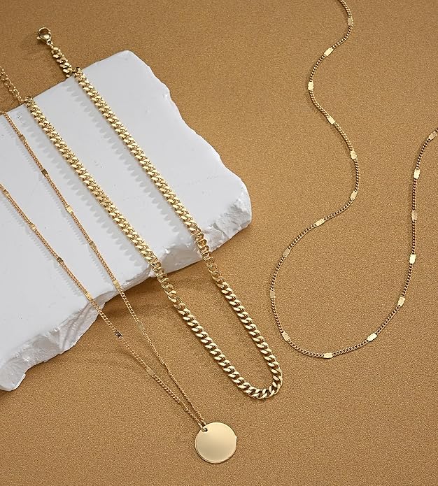 YEEZII Layered Gold Necklaces for Women Trendy, 3 Pcs 14K Gold Plated Choker Paperclip Box Chain Necklace, Stackable Women's Gold Pendant Necklaces Jewelry Set