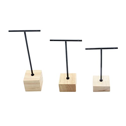3pcs Black Metal T-Bar Wood Jewlery Display Stand with Square Wooden Base Earring Jewelry Hanging Holder