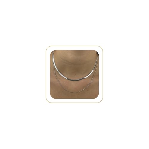 Tewiky Layered Necklaces for Women Non Tarnish- Chunky 14k Gold Plated Herringbone/Snake/Rope/Box/Cuban Link Chain for Women Waterproof Layering Stack Choker Necklace Trendy Dainty Tarnish Free Jewelry Set - color: Layered Herringbone Silver