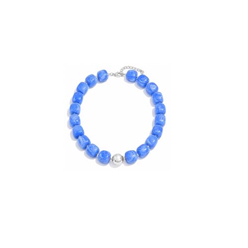 Mchic Colorful Beaded Choker Necklace for Women: Boho Large Square Acrylic Beaded Necklace Stainless Steel Adjustable Surfer Beach Strand Necklaces Summer Handmade Jewelry Gift for Women - color: Blue-Silver