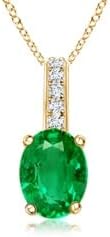 Angara Natural Oval Emerald Solitaire Pendant with Diamond Bale in Silver / 14K Solid Gold/Platinum With 18" Chain | May Birthstone, Birthday, Engagement, Anniversary, Wedding Jewelry Gift for Women