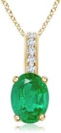 Angara Natural Oval Emerald Solitaire Pendant with Diamond Bale in Silver / 14K Solid Gold/Platinum With 18" Chain | May Birthstone, Birthday, Engagement, Anniversary, Wedding Jewelry Gift for Women
