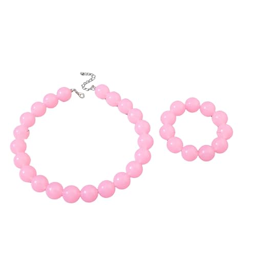 Colorful Chunky Beaded Necklace for Women Acrylic Bead Choker Necklaces Fashion Large Round Beads Necklaces for Women Handmade Summer Jewelry - color: Pink bracelet + necklace