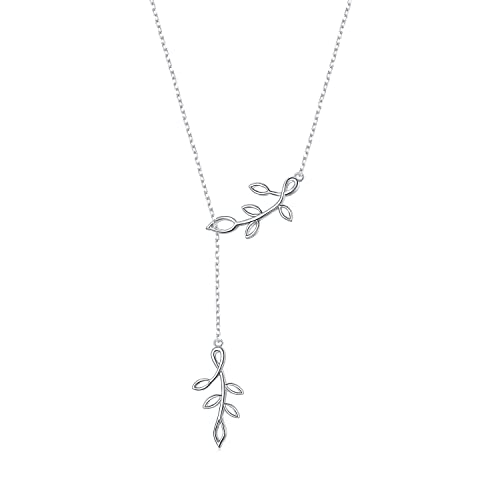 Long Necklace Sterling Silver Larait Bar Y Lariat Long Chain Drop Adjustable Necklace Gift for Her, 30" - style: Long Olive Leaf Necklace