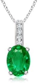 Angara Natural Oval Emerald Solitaire Pendant with Diamond Bale in Silver / 14K Solid Gold/Platinum With 18" Chain | May Birthstone, Birthday, Engagement, Anniversary, Wedding Jewelry Gift for Women