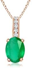Angara Natural Oval Emerald Solitaire Pendant with Diamond Bale in Silver / 14K Solid Gold/Platinum With 18" Chain | May Birthstone, Birthday, Engagement, Anniversary, Wedding Jewelry Gift for Women
