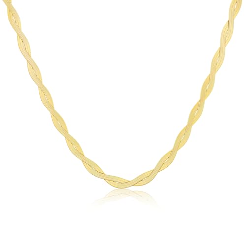 Tewiky Layered Necklaces for Women Non Tarnish- Chunky 14k Gold Plated Herringbone/Snake/Rope/Box/Cuban Link Chain for Women Waterproof Layering Stack Choker Necklace Trendy Dainty Tarnish Free Jewelry Set - color: Twisted Herringbone 2x3mm/16.5inch Gold