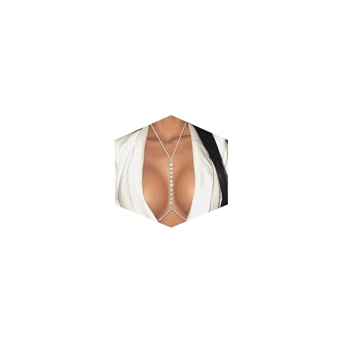 14K Gold Plated Body Chains for Women, Sexy Layered Belly Waist Chain Crossover Bikini Bra Chain, Summer Beach Rhinestone Body Jewelry - style: Silver Heart