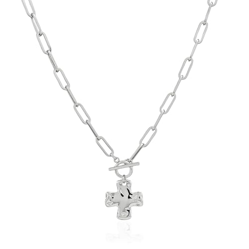 Bheop Chunky Cross Necklace for Women Trendy 14K Gold Silver Layered Statement Cross Pendant Charm Necklace Waterproof Paperclip Herringbone Snake Choker Chain Christian Jewelry Set Gift Non Tarnish - style: SL-Toggle Necklace（1 inch Pendant）