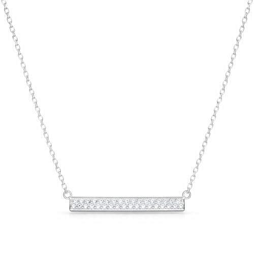 Horizontal Bar Necklace for Women, Sterling Silver or 14K Gold Plated Silver, Minimalist, CZ Diamond, Dainty Bar Pendant - Unique Jewelry Gift - style: Signature Pavé - Silver