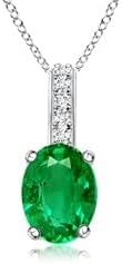 Angara Natural Oval Emerald Solitaire Pendant with Diamond Bale in Silver / 14K Solid Gold/Platinum With 18" Chain | May Birthstone, Birthday, Engagement, Anniversary, Wedding Jewelry Gift for Women