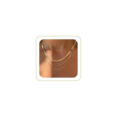 Tewiky Layered Necklaces for Women Non Tarnish- Chunky 14k Gold Plated Herringbone/Snake/Rope/Box/Cuban Link Chain for Women Waterproof Layering Stack Choker Necklace Trendy Dainty Tarnish Free Jewelry Set - color: 3 Necklace Set Gold