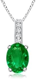 Angara Natural Oval Emerald Solitaire Pendant with Diamond Bale in Silver / 14K Solid Gold/Platinum With 18" Chain | May Birthstone, Birthday, Engagement, Anniversary, Wedding Jewelry Gift for Women