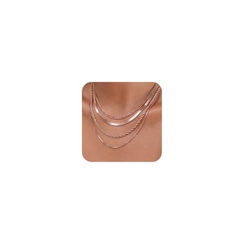 Tewiky Layered Necklaces for Women Non Tarnish- Chunky 14k Gold Plated Herringbone/Snake/Rope/Box/Cuban Link Chain for Women Waterproof Layering Stack Choker Necklace Trendy Dainty Tarnish Free Jewelry Set - color: 4 layered necklace-Rose Gold
