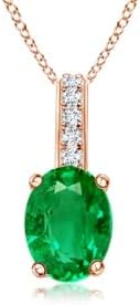 Angara Natural Oval Emerald Solitaire Pendant with Diamond Bale in Silver / 14K Solid Gold/Platinum With 18" Chain | May Birthstone, Birthday, Engagement, Anniversary, Wedding Jewelry Gift for Women