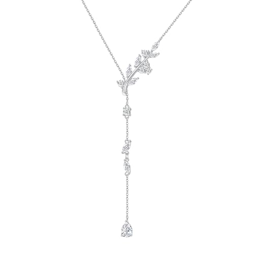 Long Necklace Sterling Silver Larait Bar Y Lariat Long Chain Drop Adjustable Necklace Gift for Her, 30" - style: Long Leaf Necklace