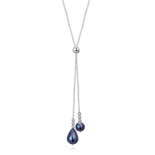 Long Necklace Sterling Silver Larait Bar Y Lariat Long Chain Drop Adjustable Necklace Gift for Her, 30" - style: Long Black Pearl Necklace