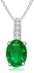 Angara Natural Oval Emerald Solitaire Pendant with Diamond Bale in Silver / 14K Solid Gold/Platinum With 18" Chain | May Birthstone, Birthday, Engagement, Anniversary, Wedding Jewelry Gift for Women